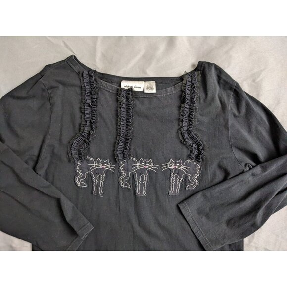 Vintage Michael Simon top Black Boat Neck Three Cats Ruffle Shirt Womens Size L - Picture 2 of 9